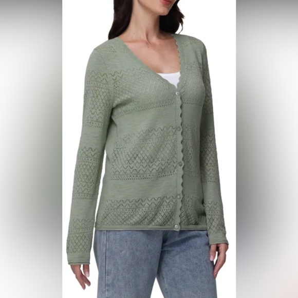 FRYE NWT Pointelle Green Women's Knit Cardigan Sweater - Picture 3 of 12
